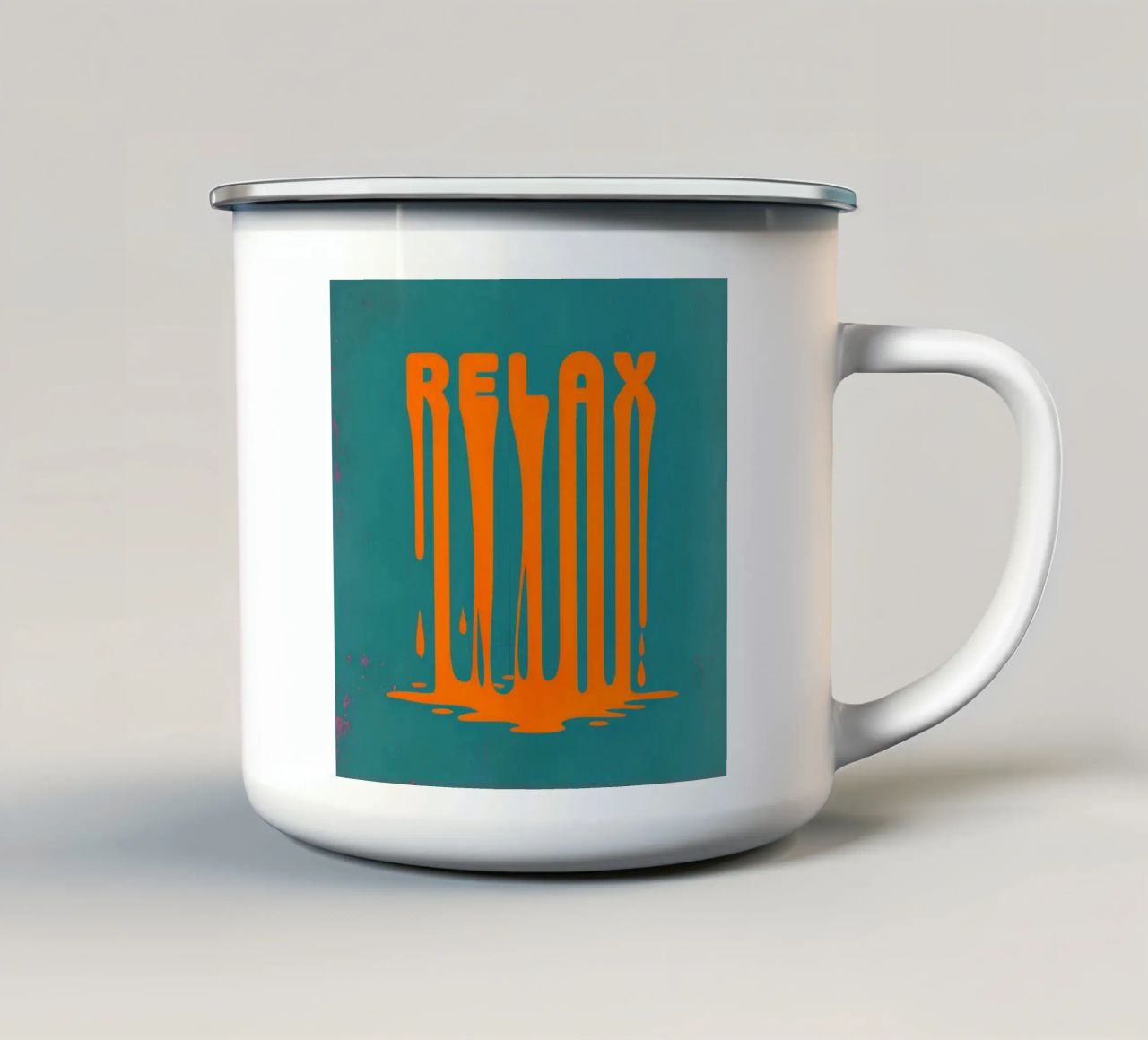 Chill Vibes Melt: Arte astratta a goccia arancione 'RELAX' su verde acqua tazza in smalto da inspirational quote