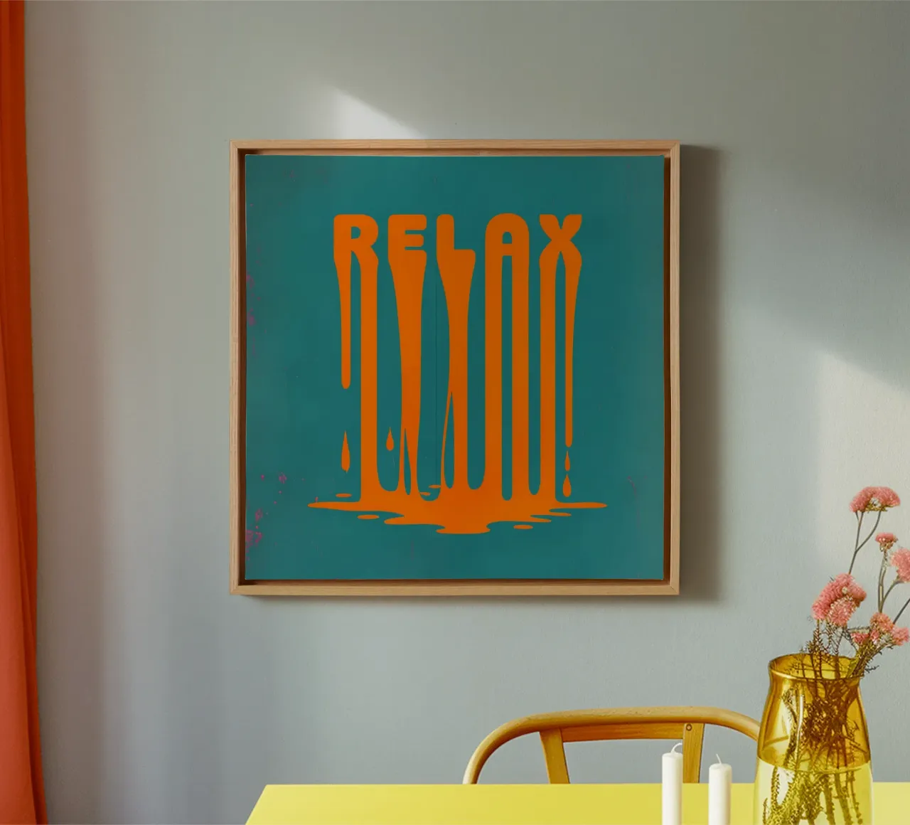 Chill Vibes Melt: Abstract Orange 'RELAX' Drip Art on Teal canvas with Floater frame by inspirational quote