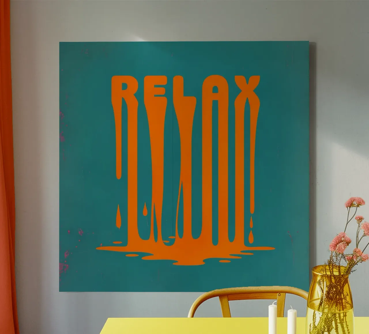 Chill Vibes Melt: Abstract Orange 'RELAX' Drip Art on Teal canvas with Floater frame by inspirational quote