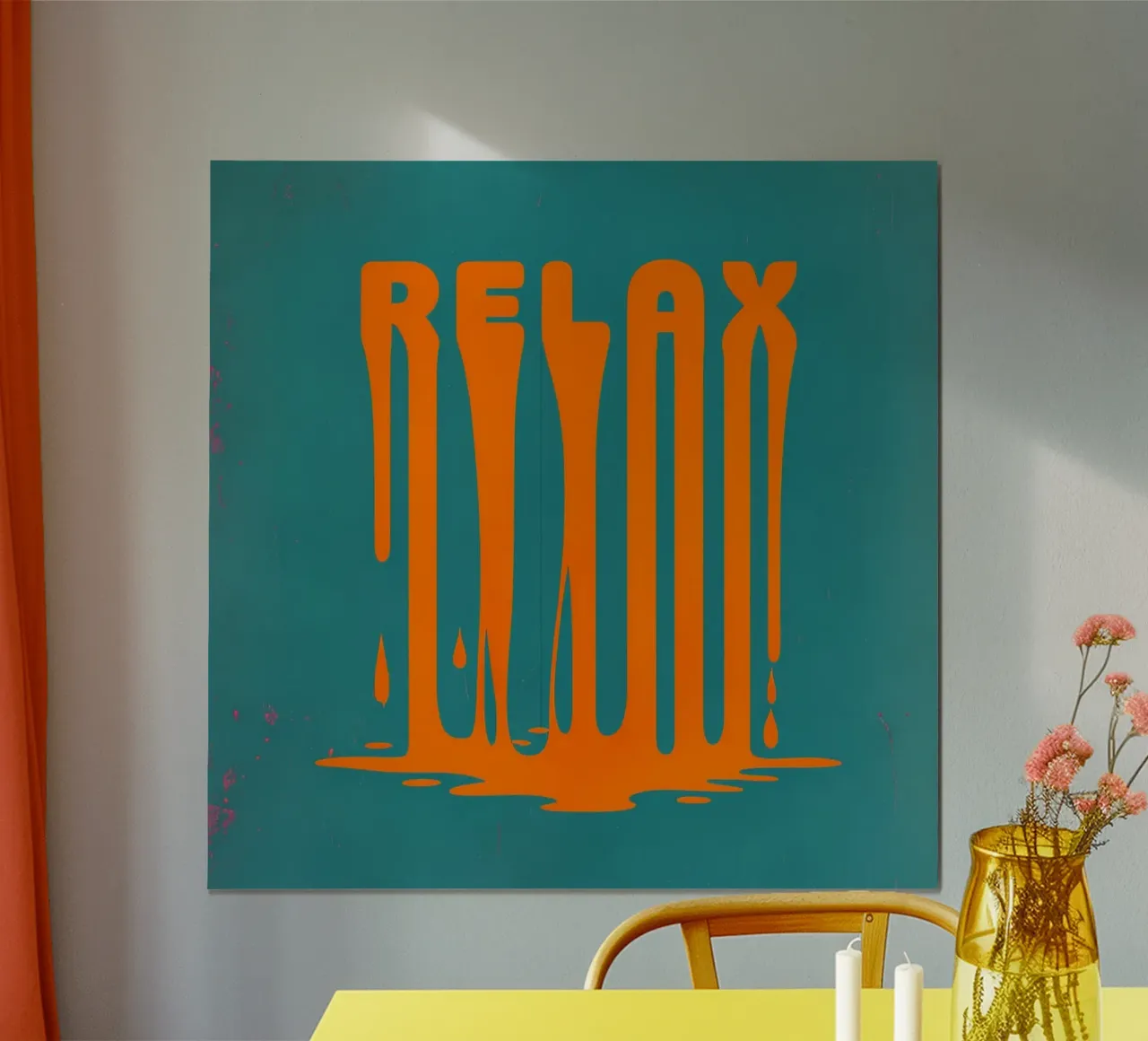 Chill Vibes Melt: Arte astratta a goccia arancione 'RELAX' su verde acqua poster da inspirational quote
