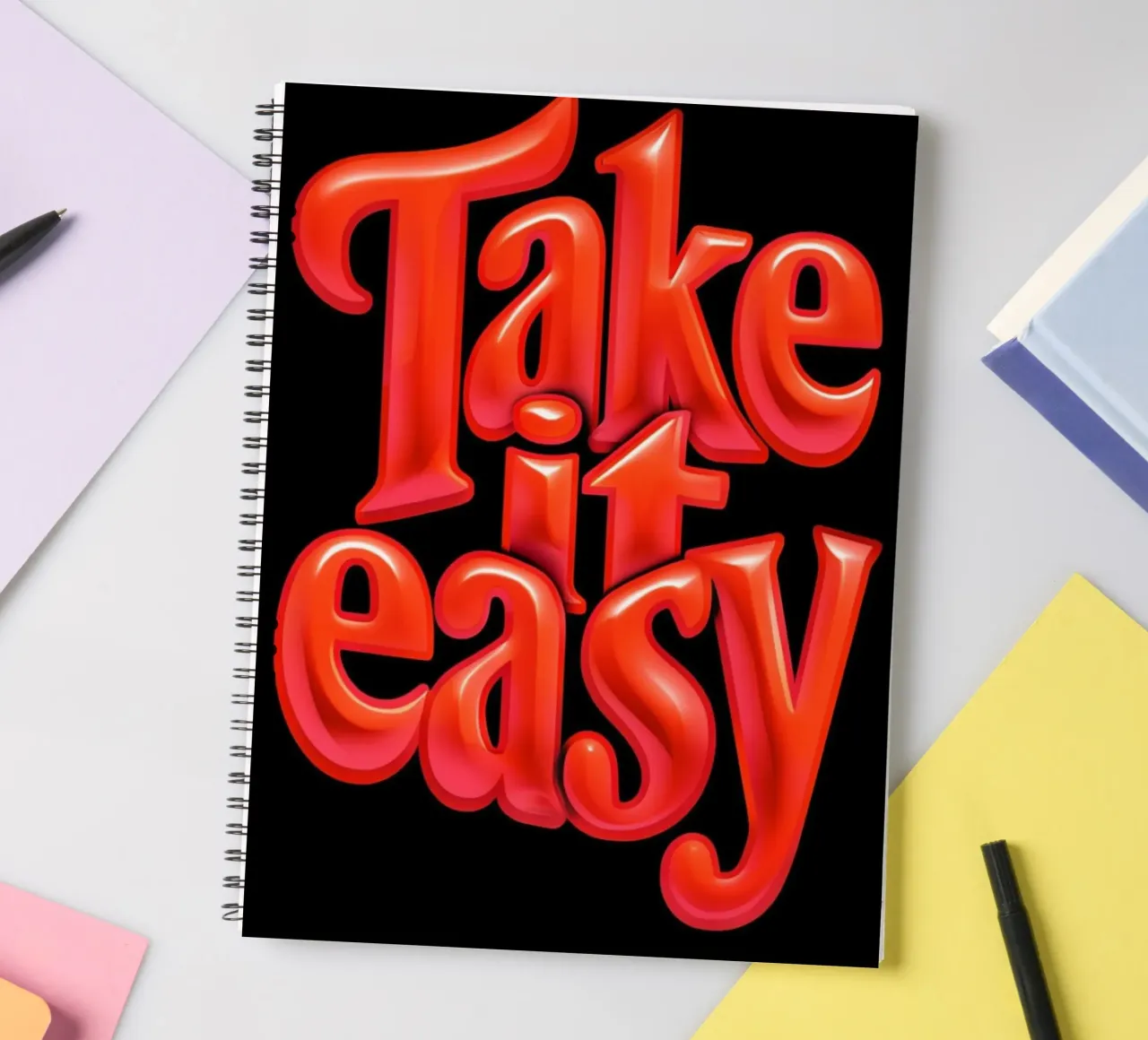 Relax & Recharge: Vibrant 3D Red Glossy "Take It Easy" spiral notebook by inspirational quote