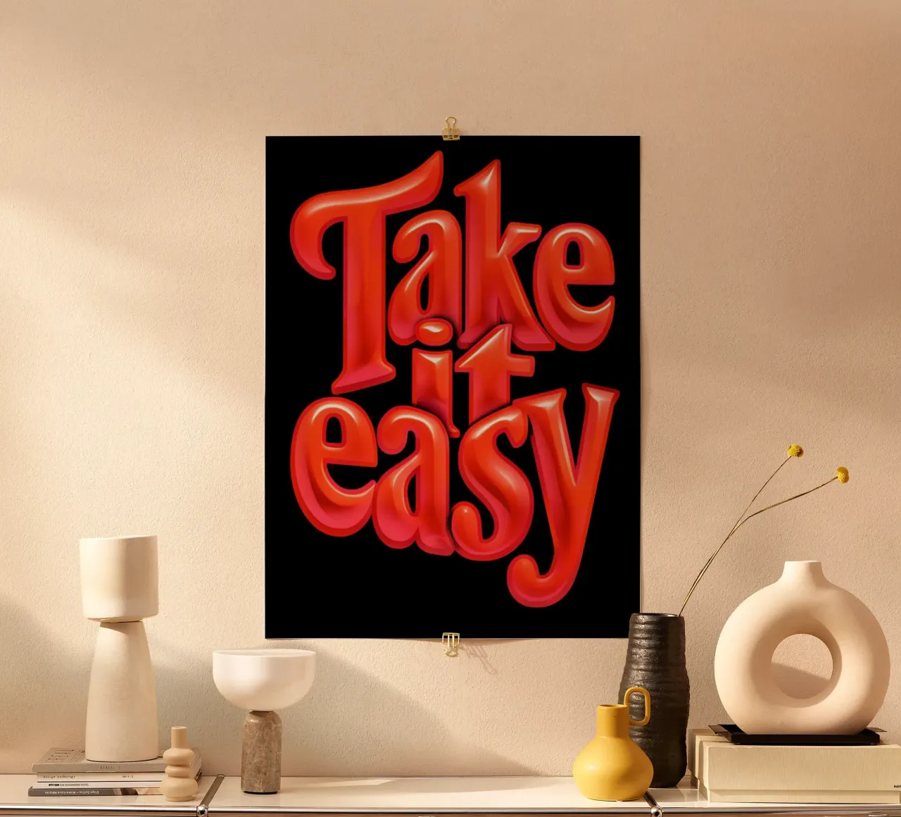 Rilassarsi e ricaricarsi: Vibrante 3D rosso lucido "Take It Easy" carta hahnemühle da inspirational quote
