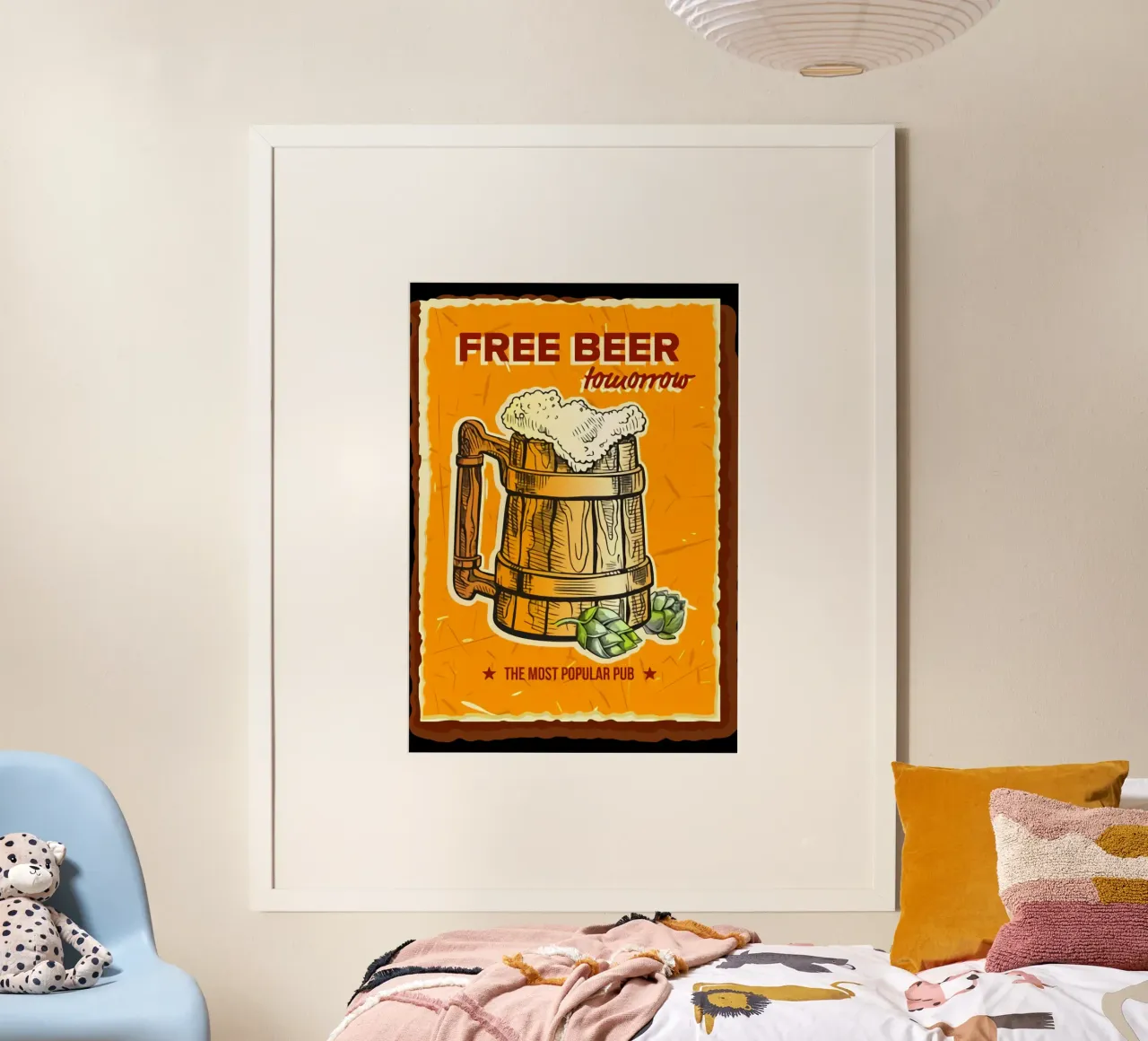 Birra gratis La tela del mastro birraio poster con telaio in legno da Jodie Art