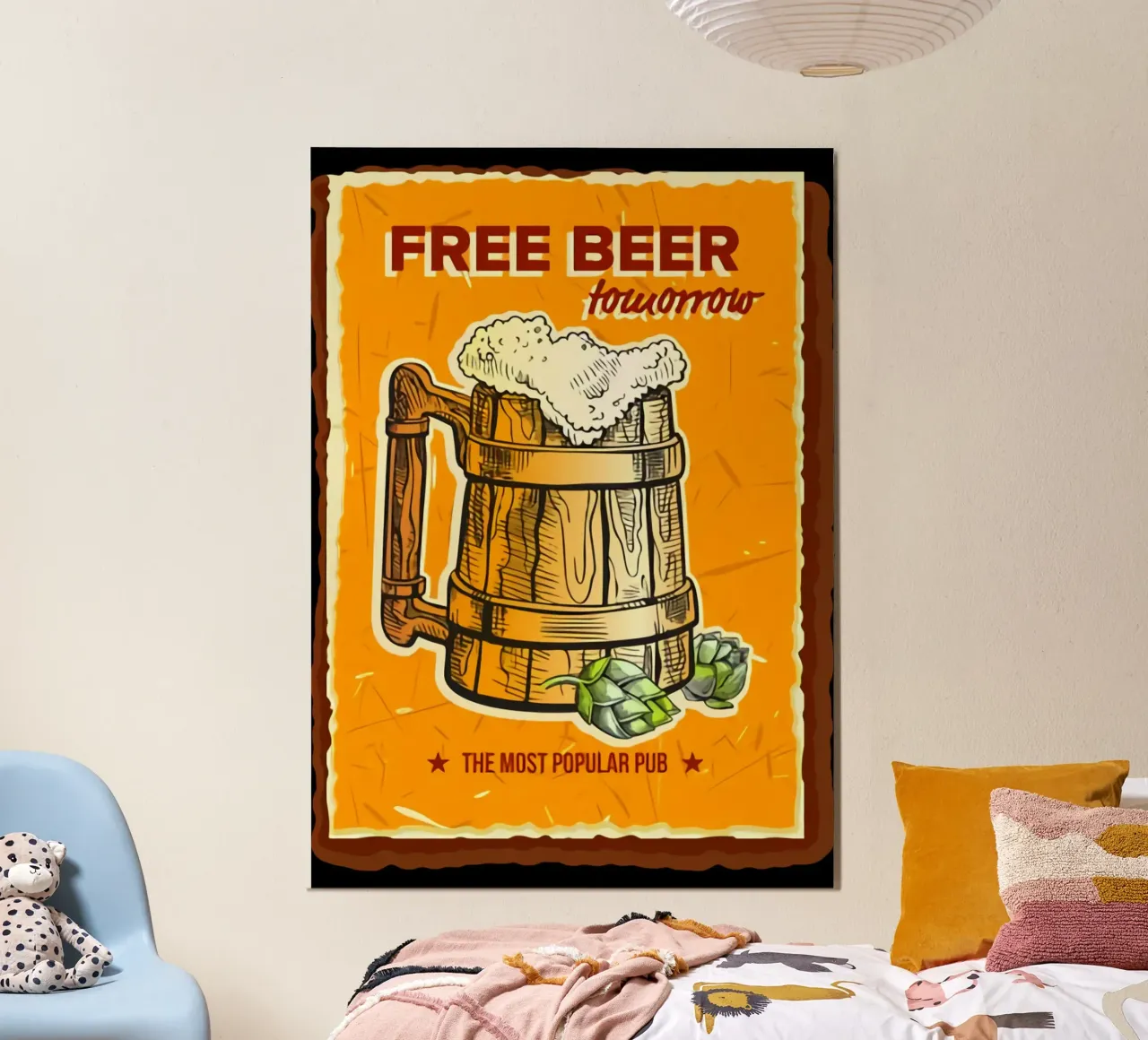 Birra gratis La tela del mastro birraio poster con telaio in legno da Jodie Art