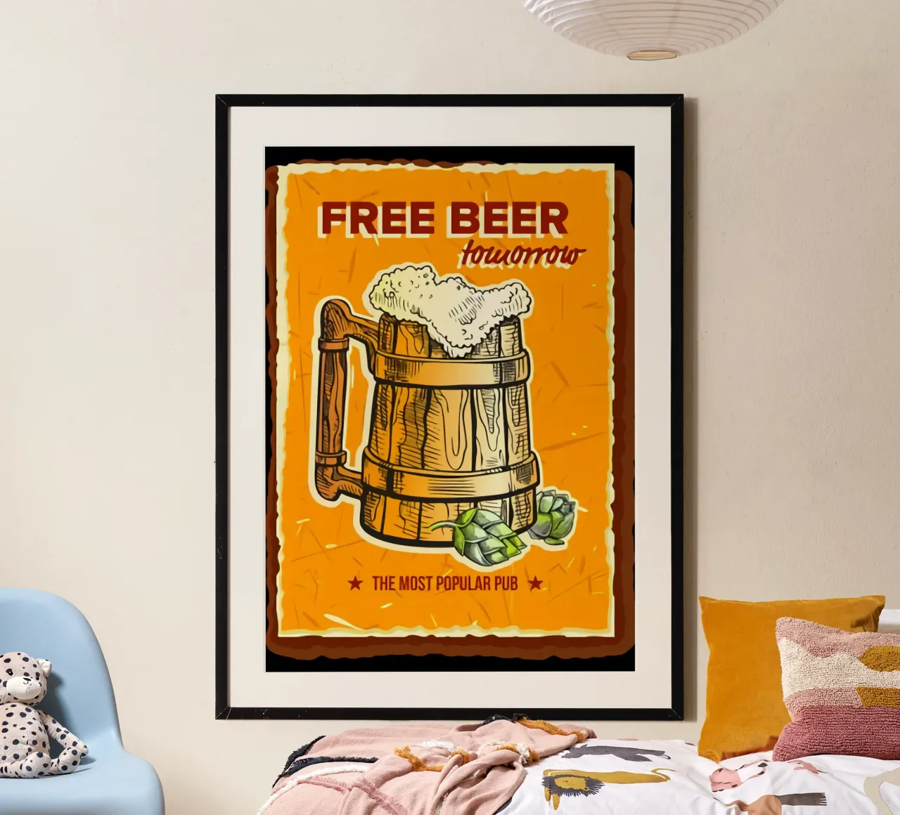 Birra gratis La tela del mastro birraio poster con telaio in legno da Jodie Art