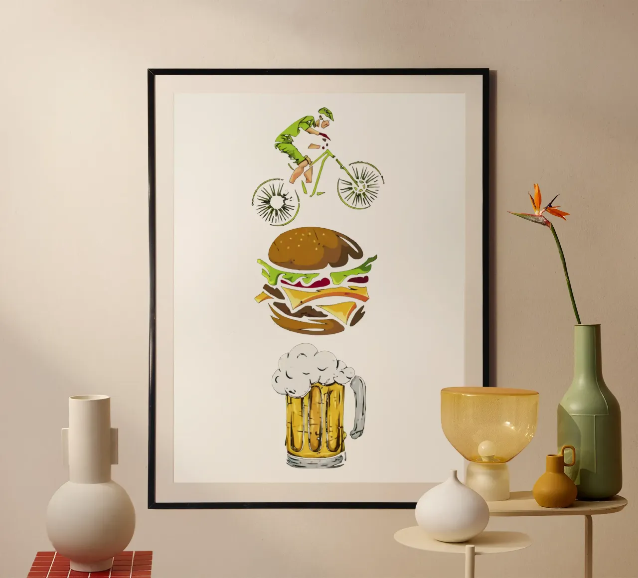 Il buon equilibrio della vita bevendo birra poster con telaio in legno da Jodie Art