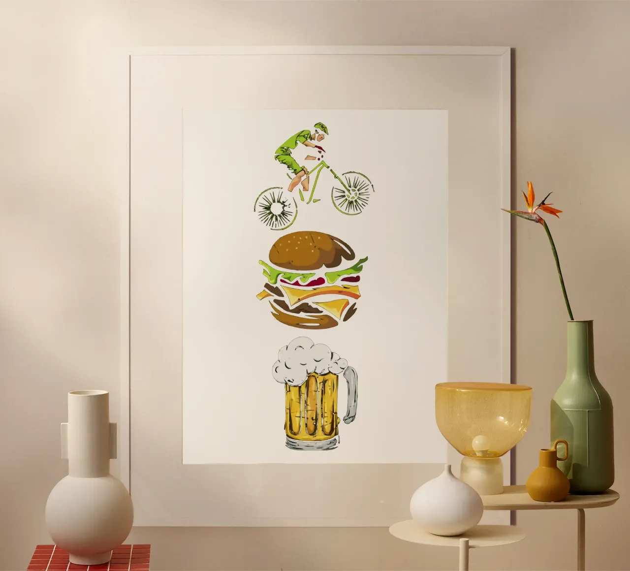Il buon equilibrio della vita bevendo birra poster con telaio in legno da Jodie Art