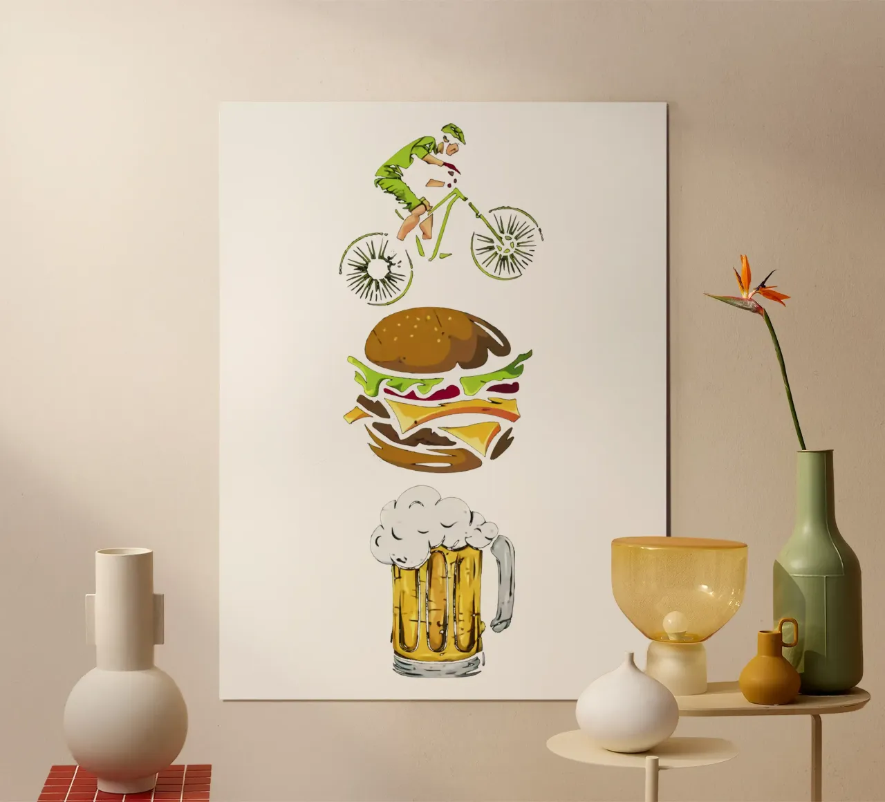 Il buon equilibrio della vita bevendo birra poster con telaio in legno da Jodie Art