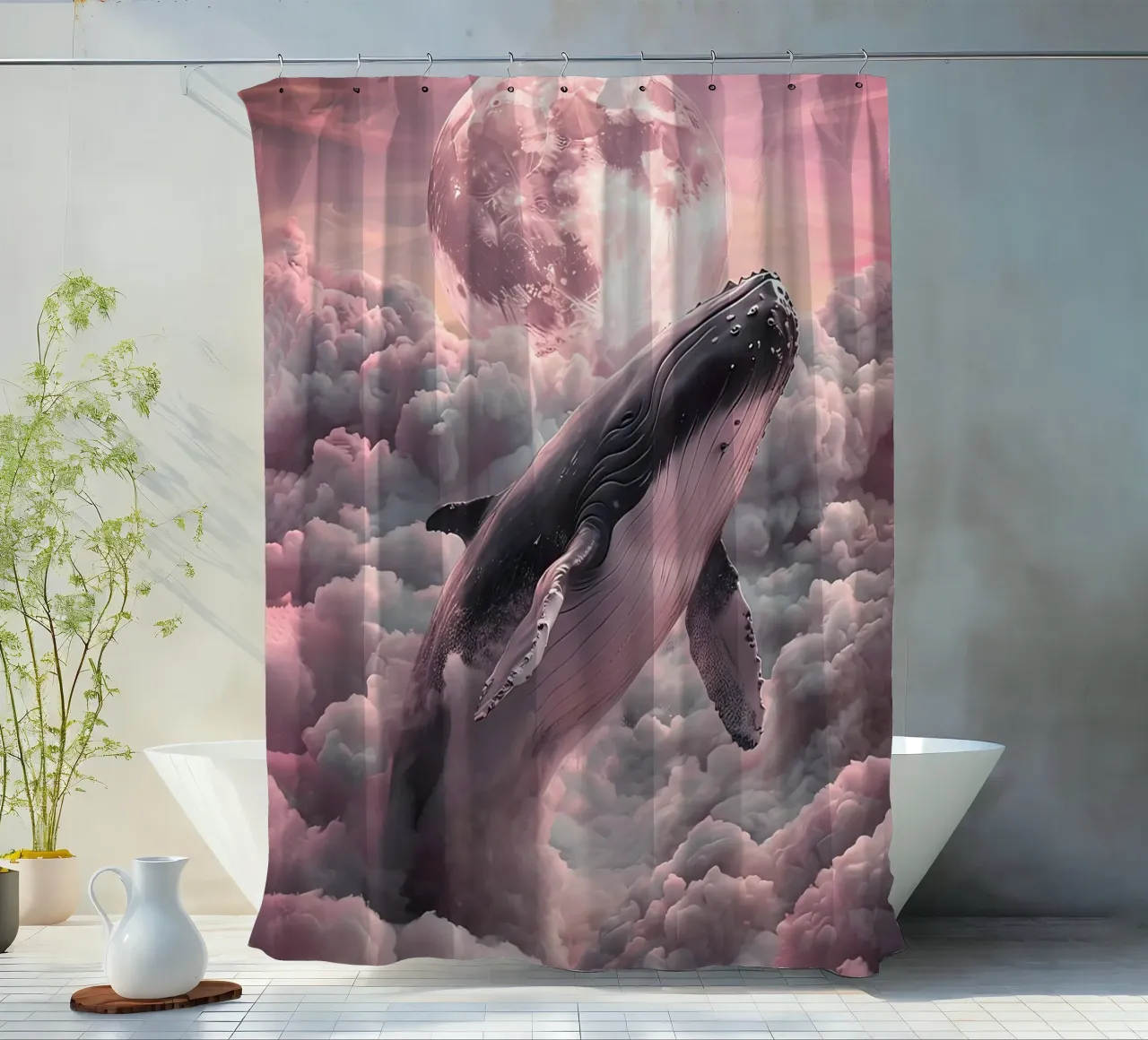 Whale in the Clouds with Moon shower curtain by 🎁 ARTVI-SHOP