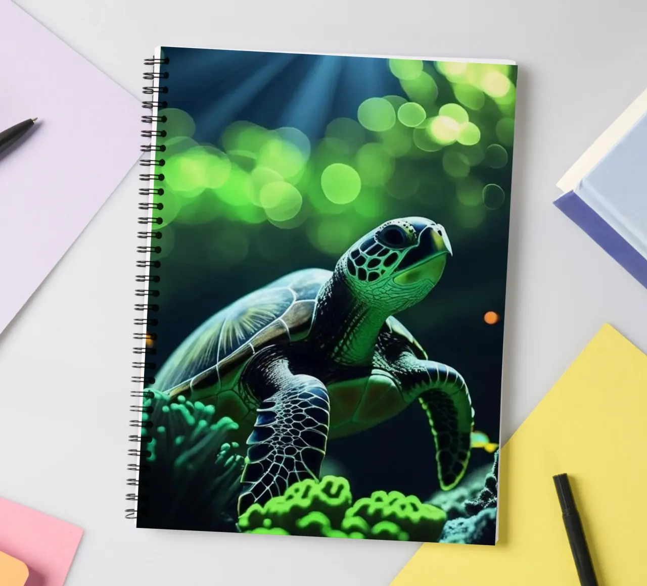 ✨🐢 Still Waters ✦ Turtle in Emerald Light 🌙 spiral notebook by LUMAQUA STUDIO