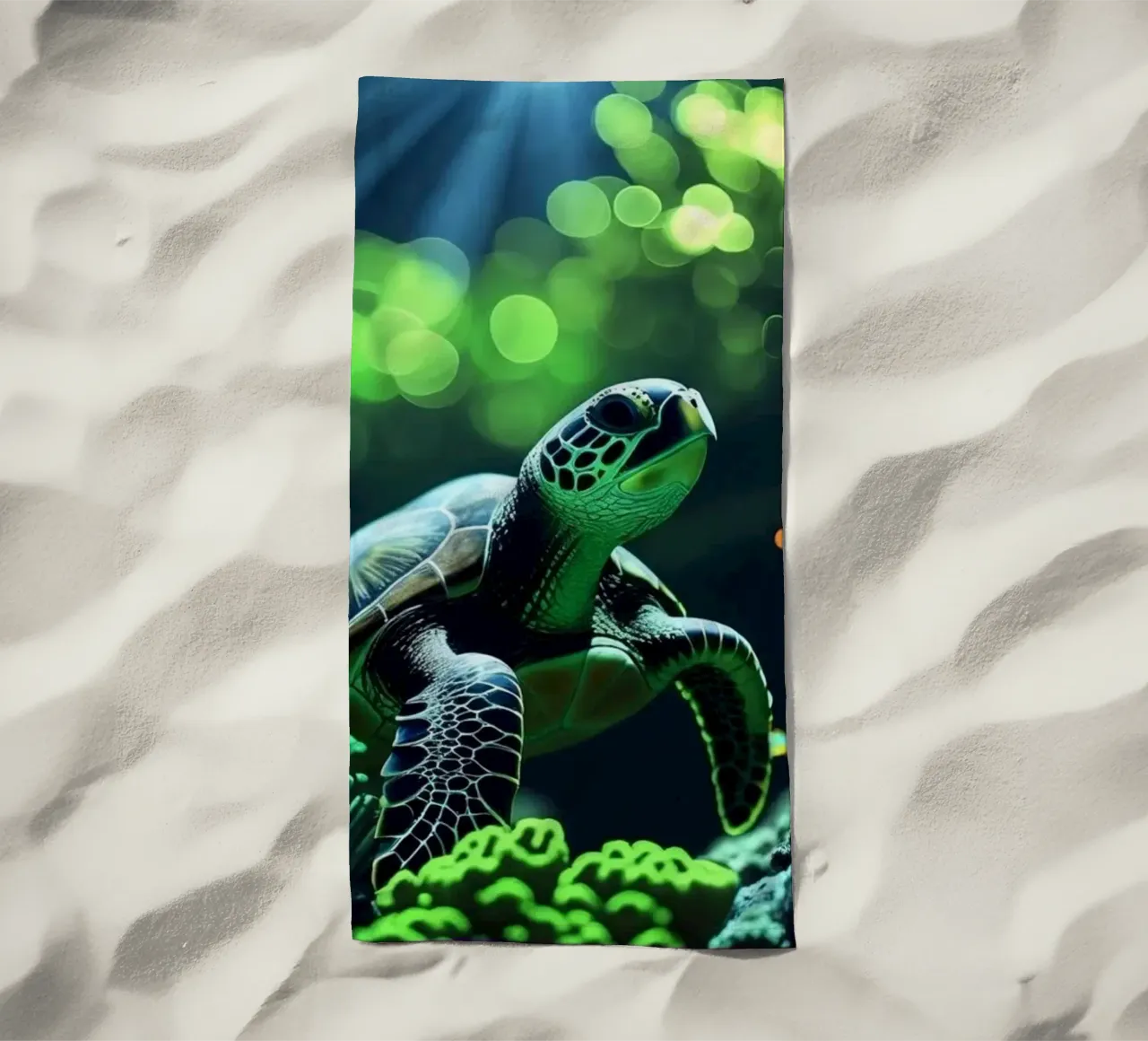 ✨🐢 Still Waters ✦ Turtle in Emerald Light 🌙 beach towel by LUMAQUA STUDIO