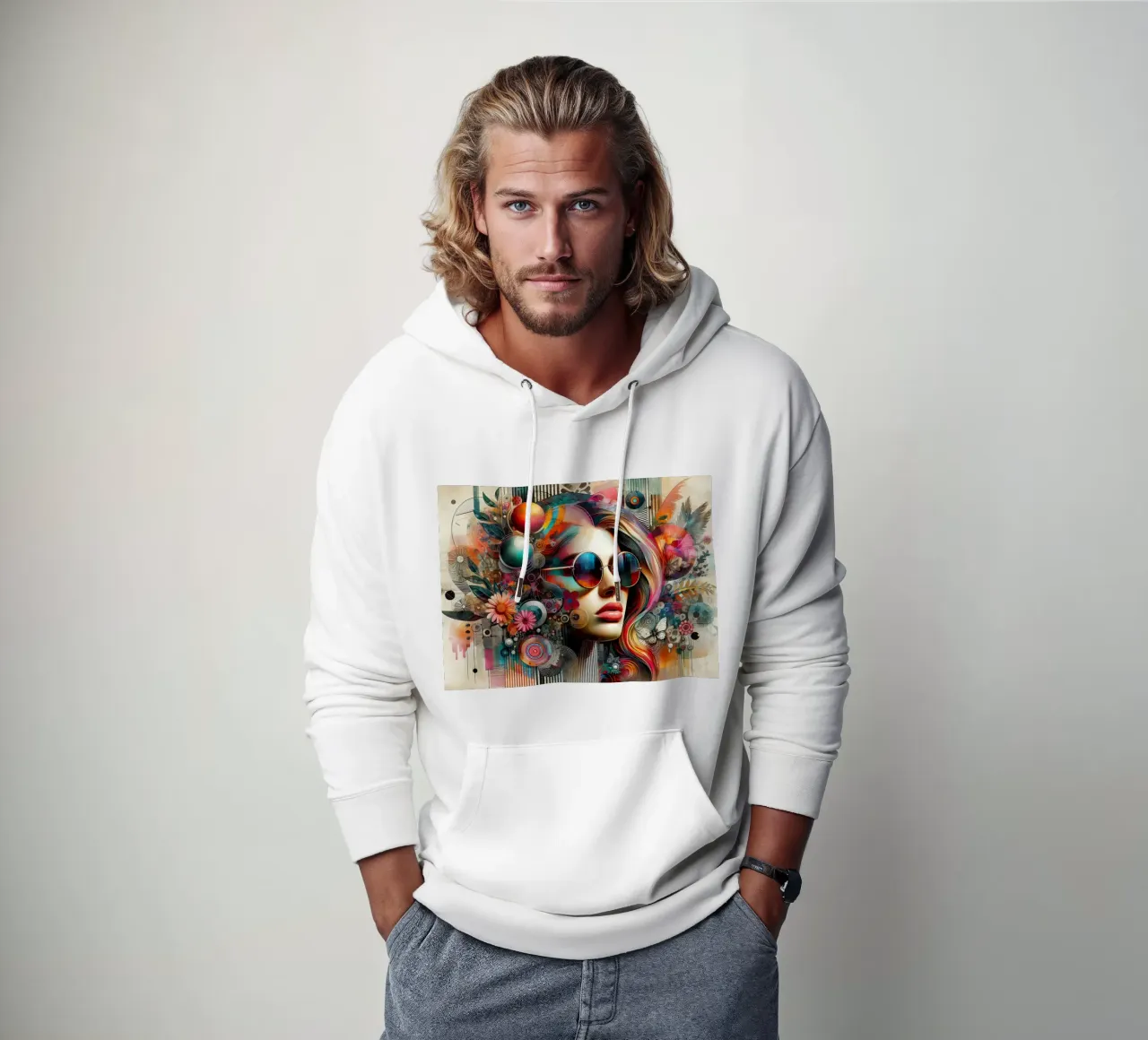 Ritratto colorato con elementi floreali astratti felpa con cappuccio da 🎁 NOBELART