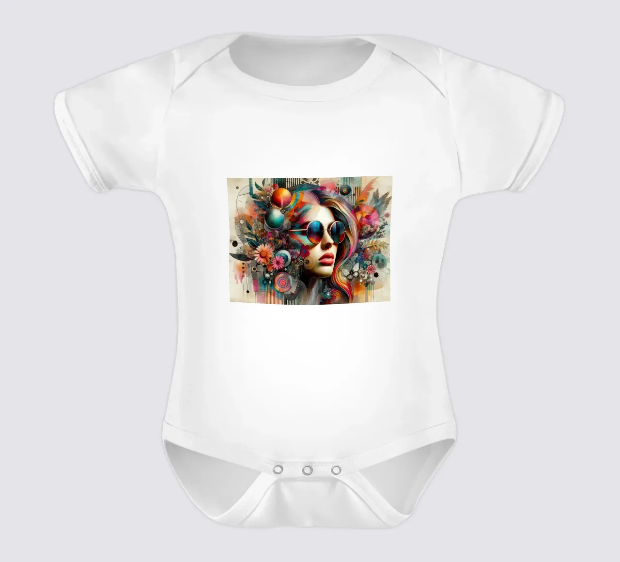 Ritratto colorato con elementi floreali astratti body neonato maniche corte da ARTVI-SHOP
