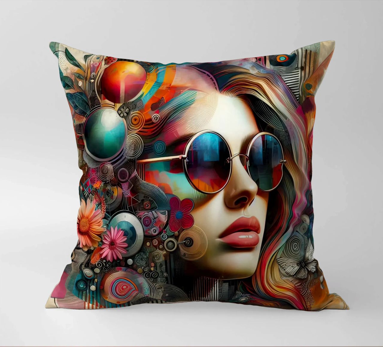 Ritratto colorato con elementi floreali astratti cuscino da ARTVI-SHOP