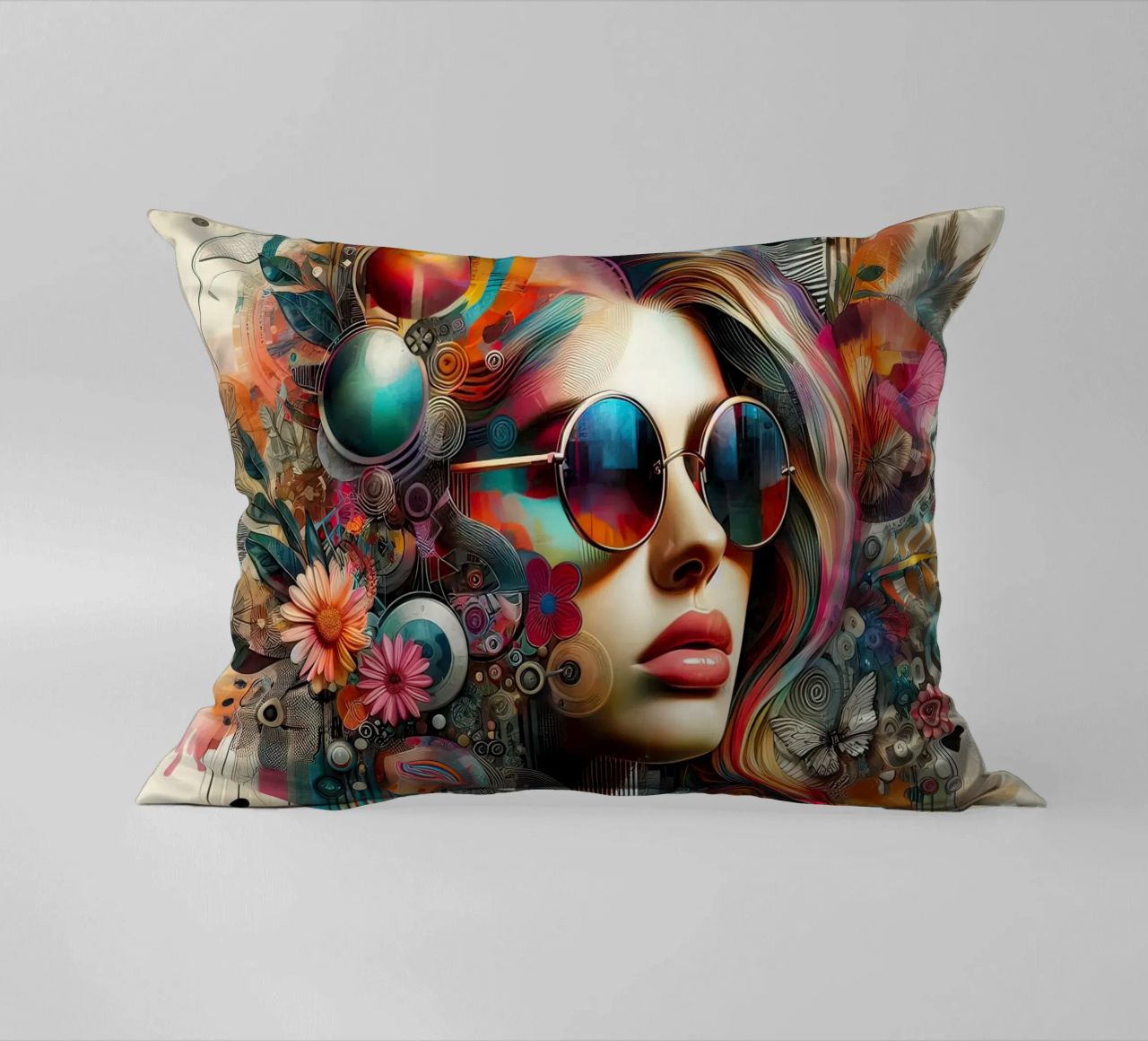Ritratto colorato con elementi floreali astratti cuscino da ARTVI-SHOP
