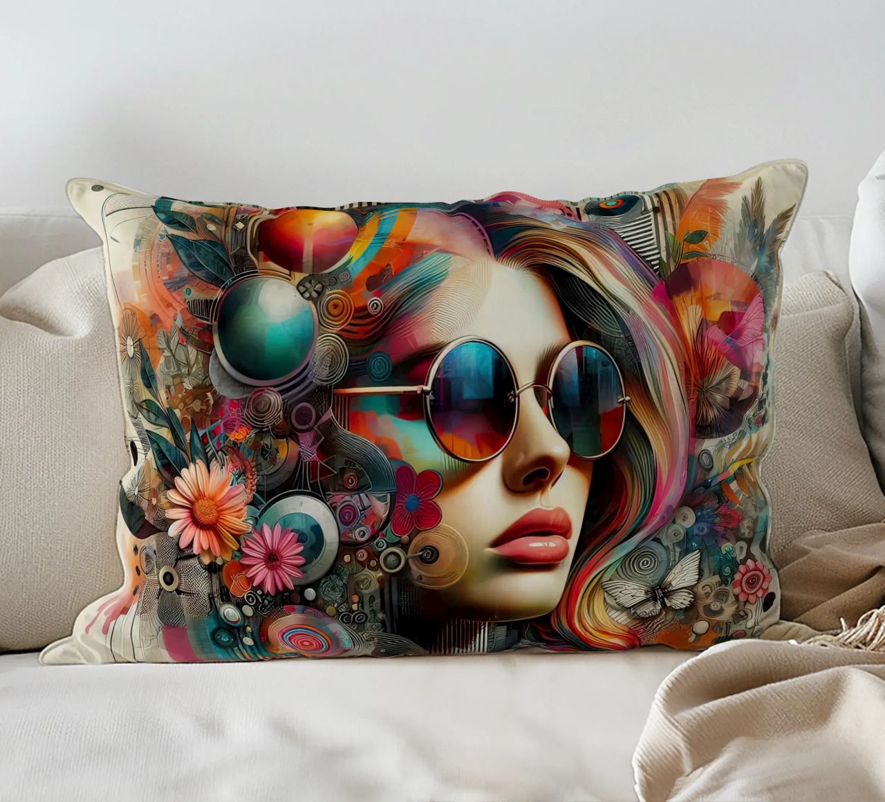 Ritratto colorato con elementi floreali astratti cuscino da ARTVI-SHOP