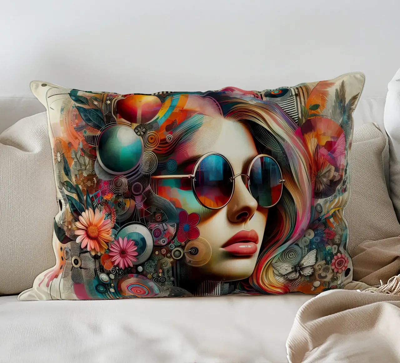 Ritratto colorato con elementi floreali astratti cuscino da ARTVI-SHOP