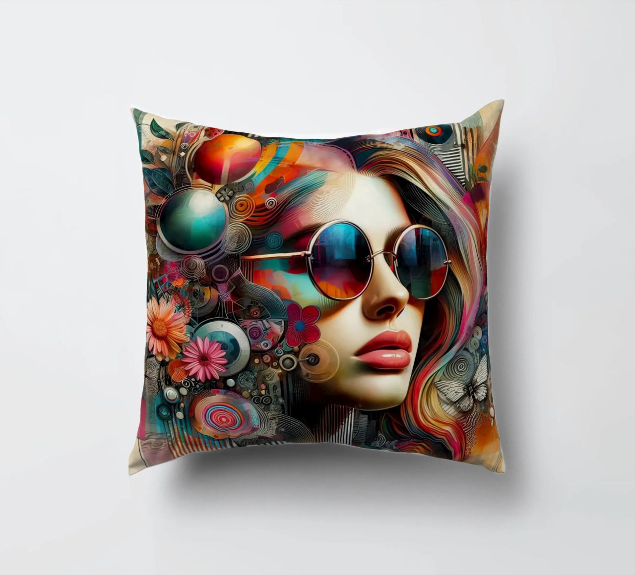 Ritratto colorato con elementi floreali astratti cuscino da ARTVI-SHOP