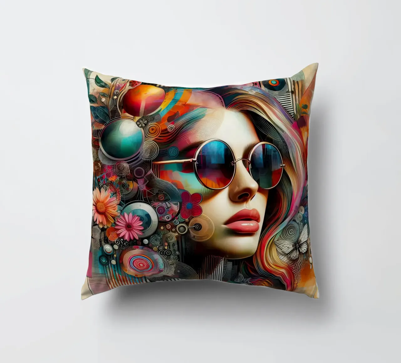 Ritratto colorato con elementi floreali astratti cuscino da ARTVI-SHOP