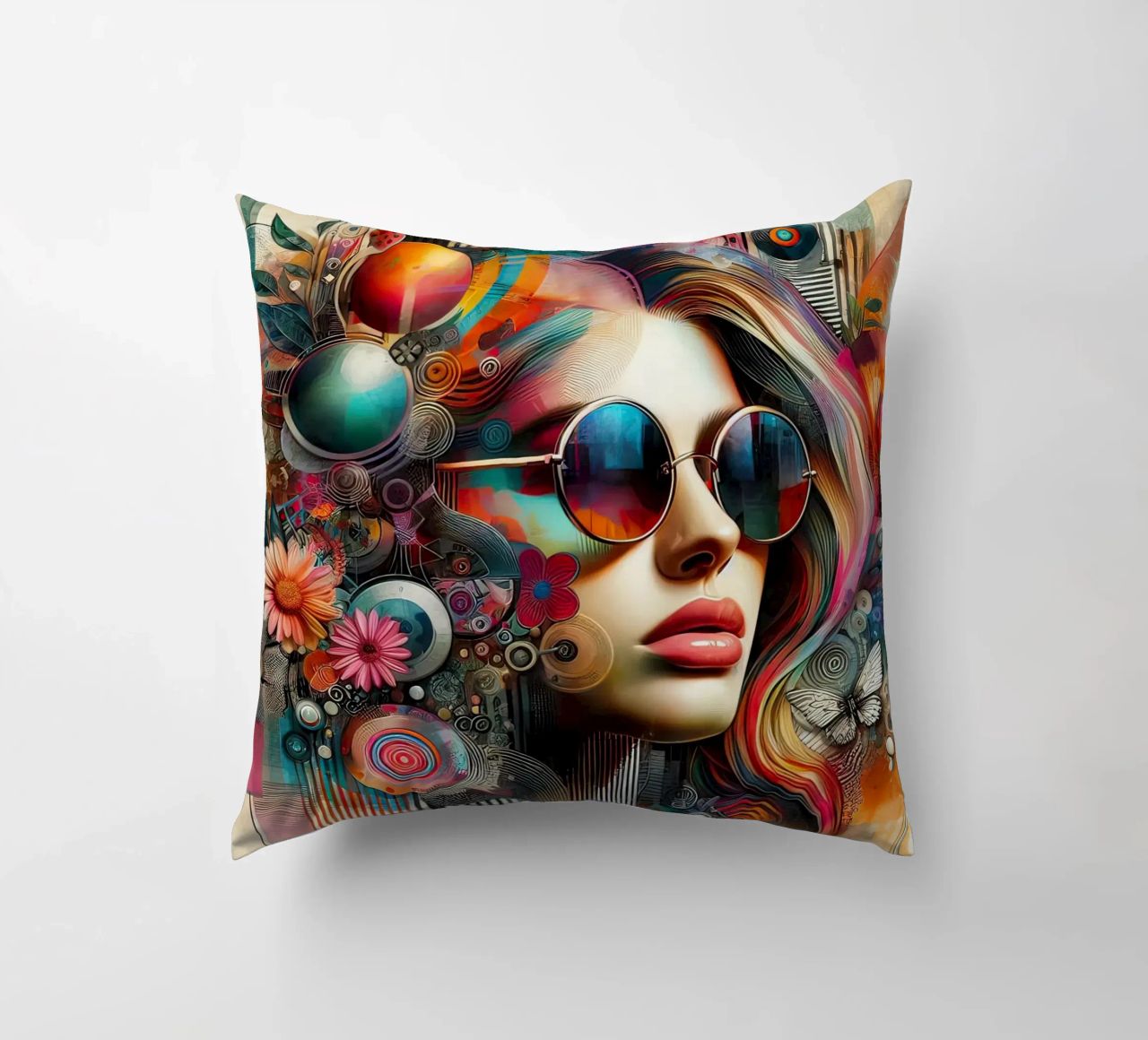 Ritratto colorato con elementi floreali astratti cuscino da ARTVI-SHOP