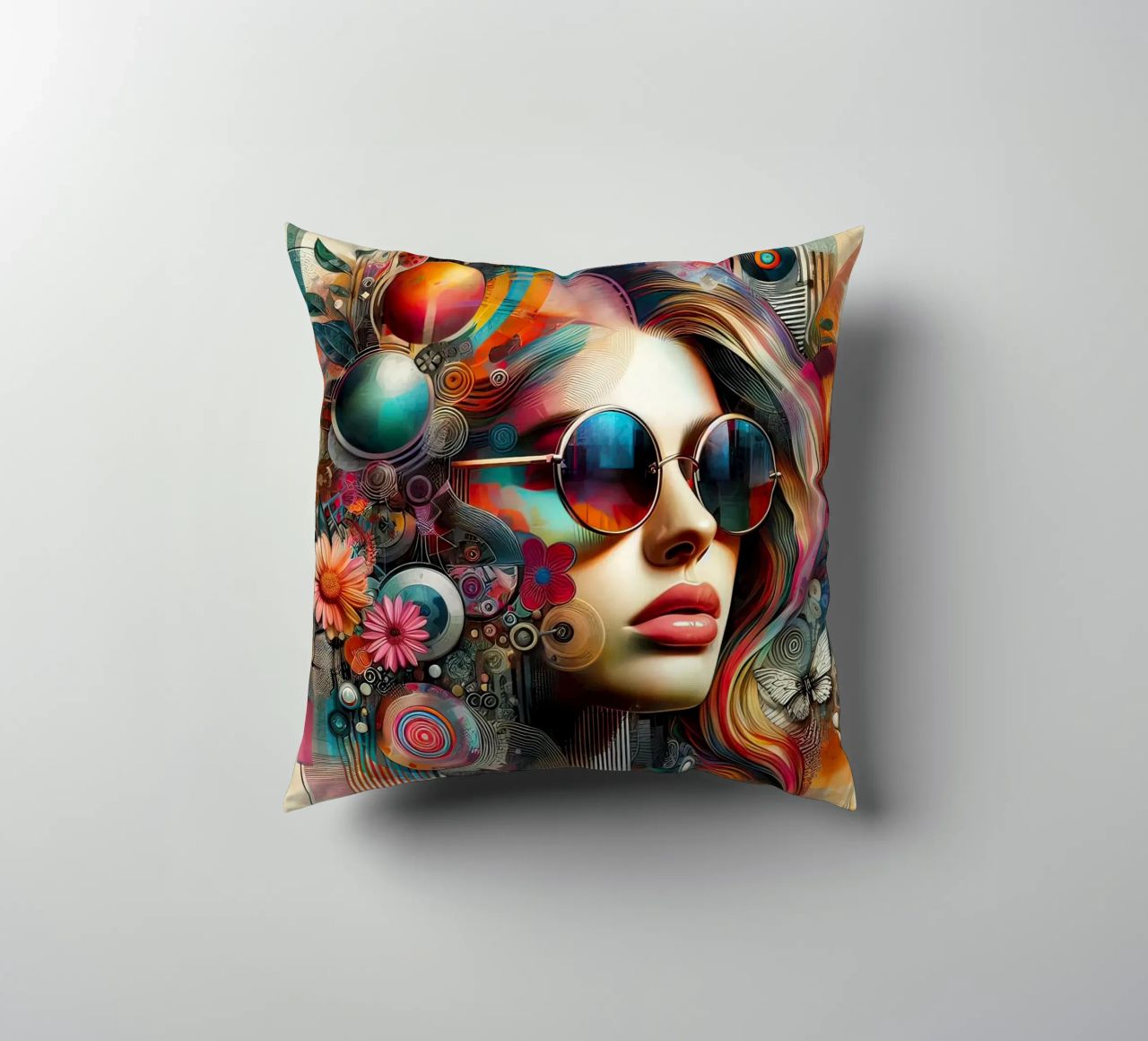 Ritratto colorato con elementi floreali astratti cuscino da ARTVI-SHOP
