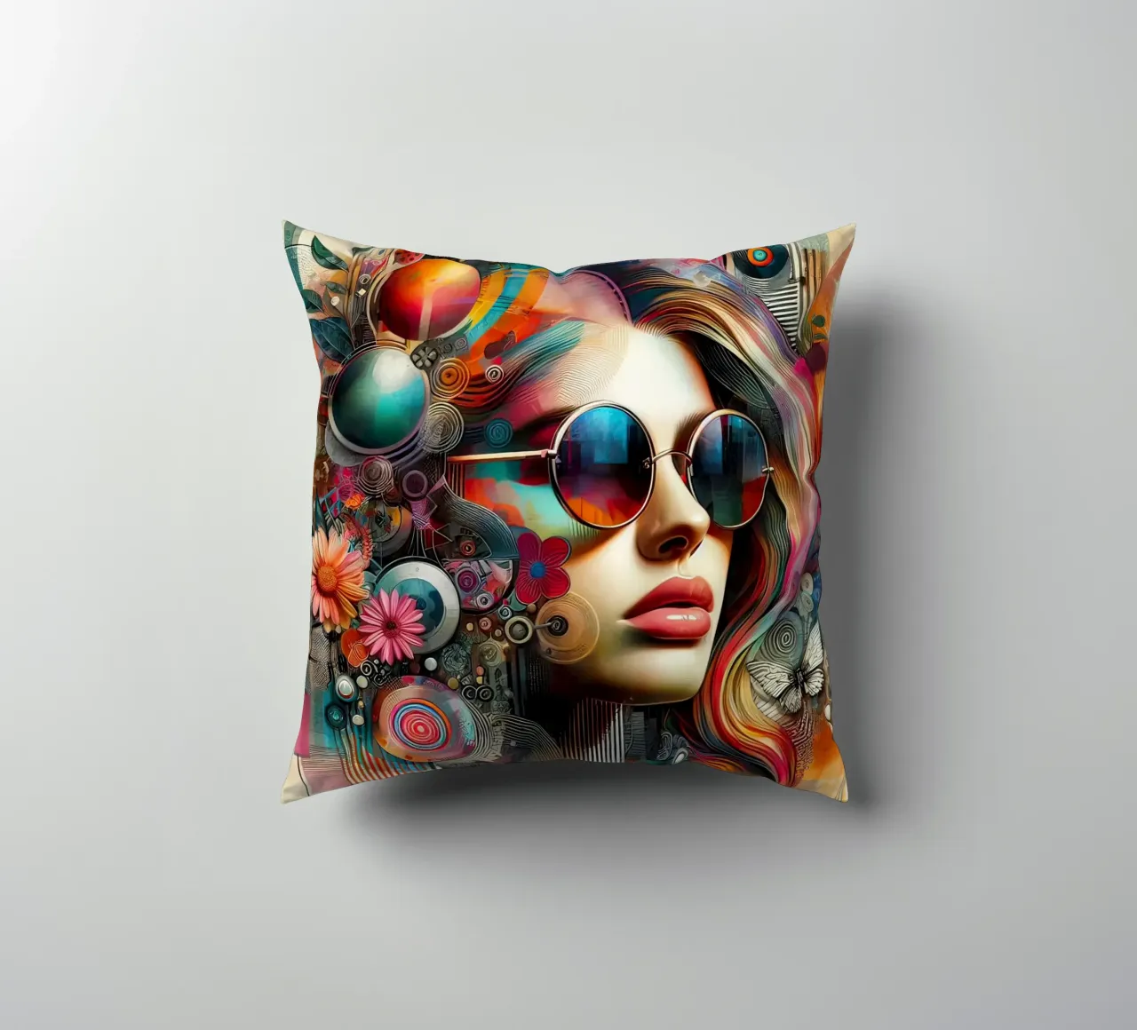 Colorful Portrait with Abstract Floral Elements decorative cushion by ARTVI-SHOP