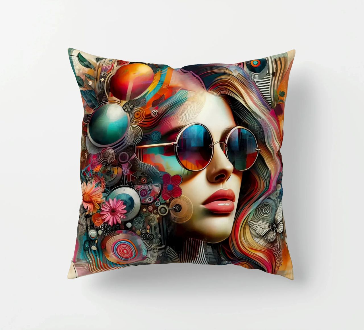 Ritratto colorato con elementi floreali astratti cuscino da ARTVI-SHOP