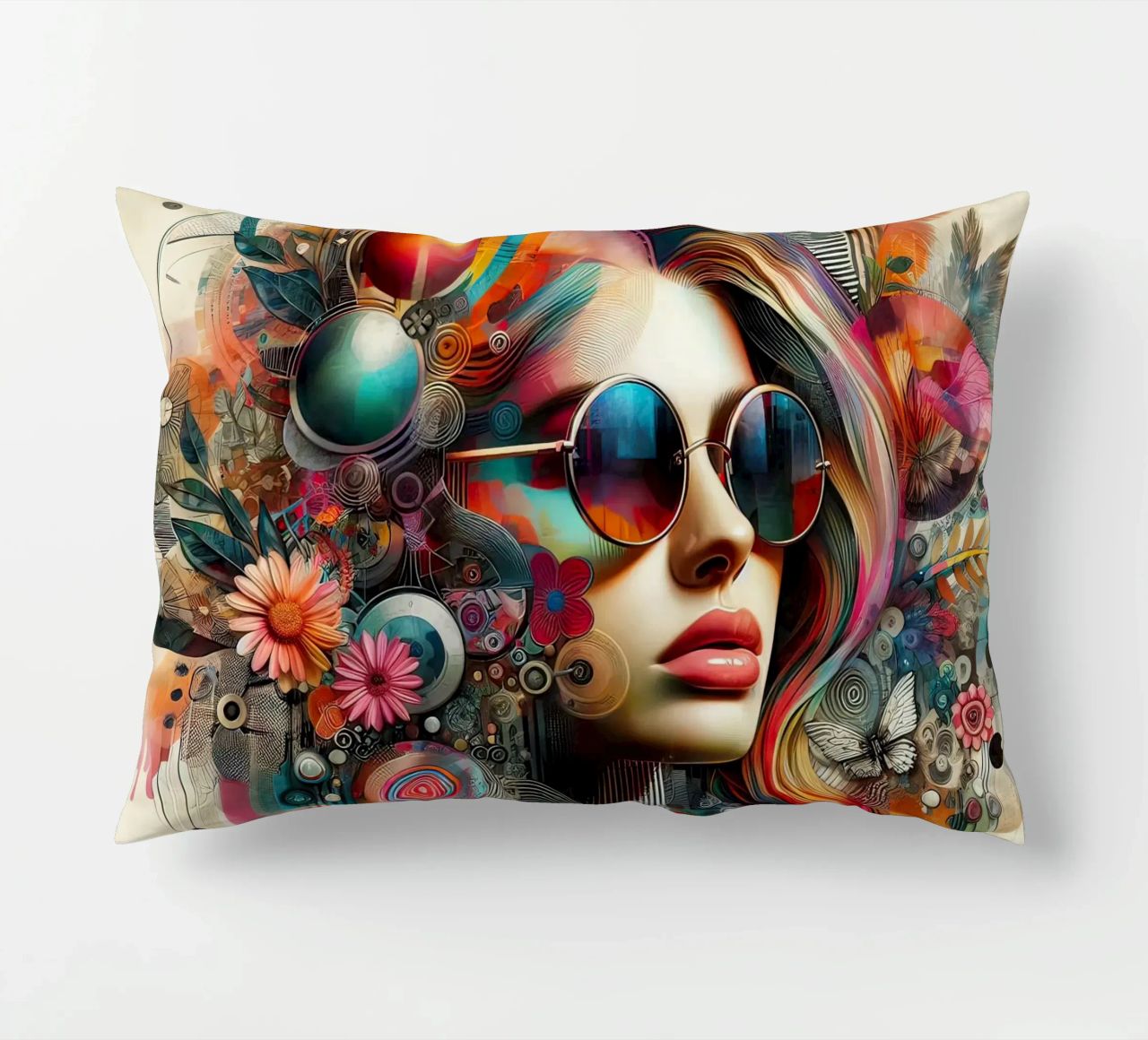 Ritratto colorato con elementi floreali astratti cuscino da ARTVI-SHOP