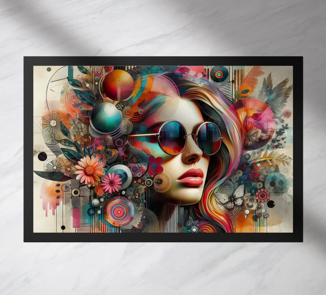Colorful Portrait with Abstract Floral Elements doormat by ARTVI-SHOP