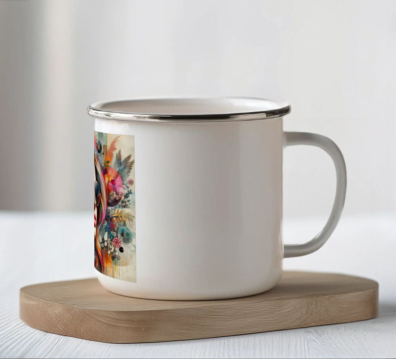 Colorful Portrait with Abstract Floral Elements enamel mug by ARTVI-SHOP