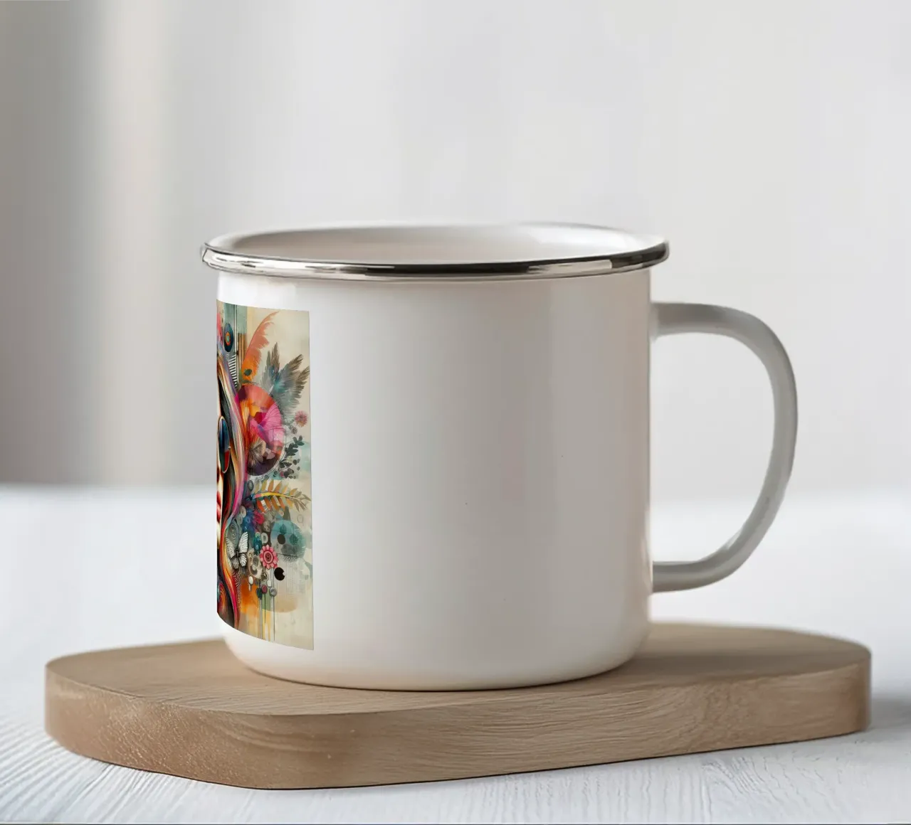 Portrait coloré avec des éléments floraux abstraits mug en émail de ARTVI-SHOP