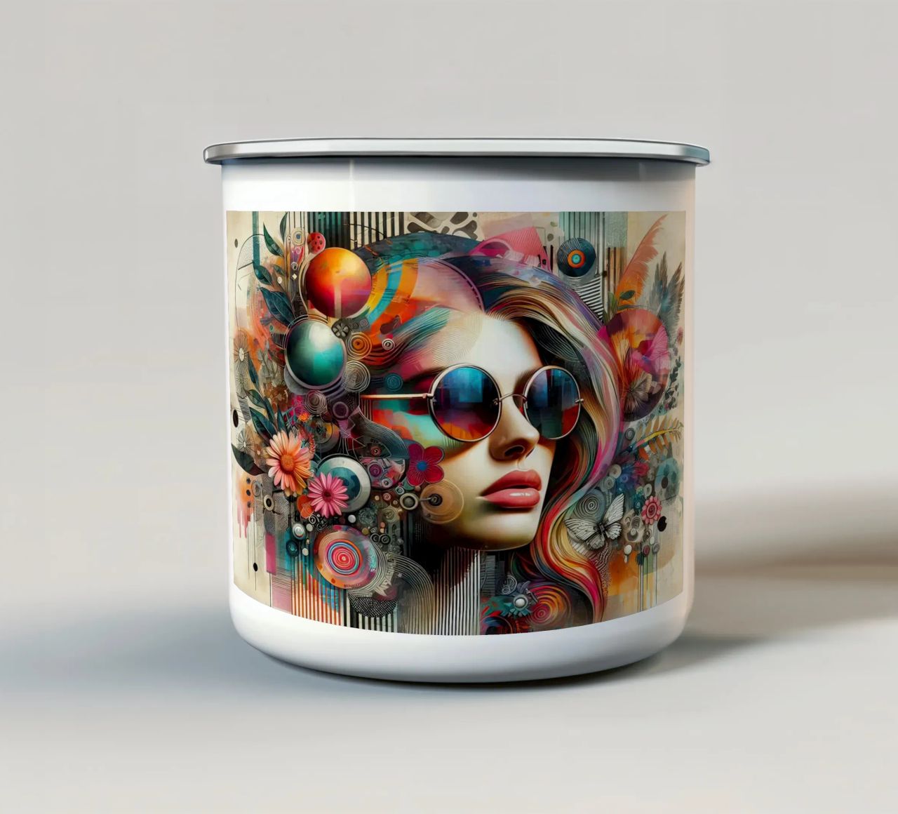 Colorful Portrait with Abstract Floral Elements enamel mug by ARTVI-SHOP