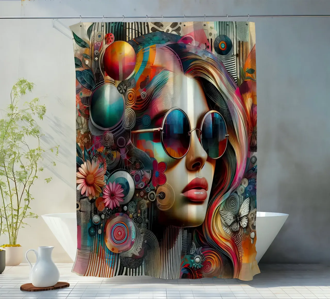 Ritratto colorato con elementi floreali astratti tenda da doccia da 🎁 ARTVI-SHOP