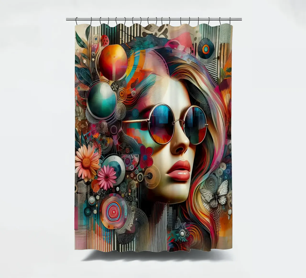 Ritratto colorato con elementi floreali astratti tenda da doccia da 🎁 ARTVI-SHOP