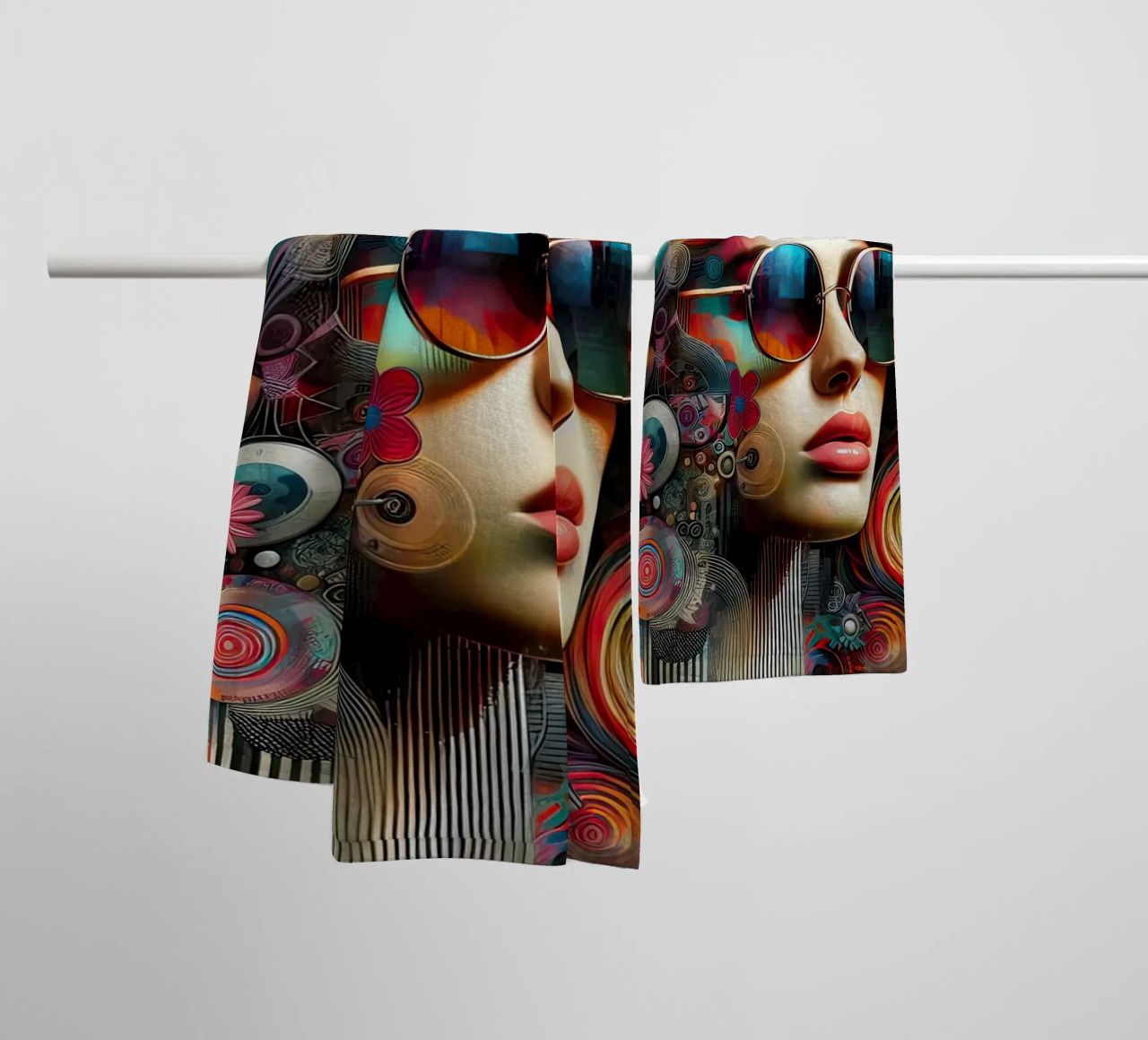 Colorful Portrait with Abstract Floral Elements towel by ARTVI-SHOP