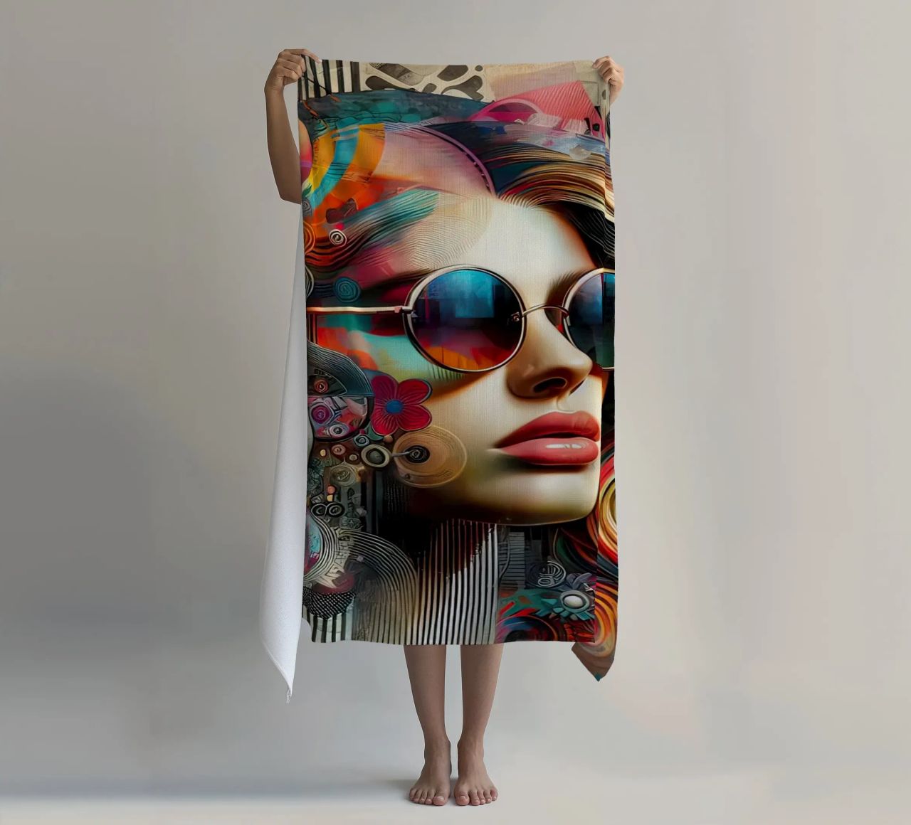 Ritratto colorato con elementi floreali astratti telo mare da ARTVI-SHOP