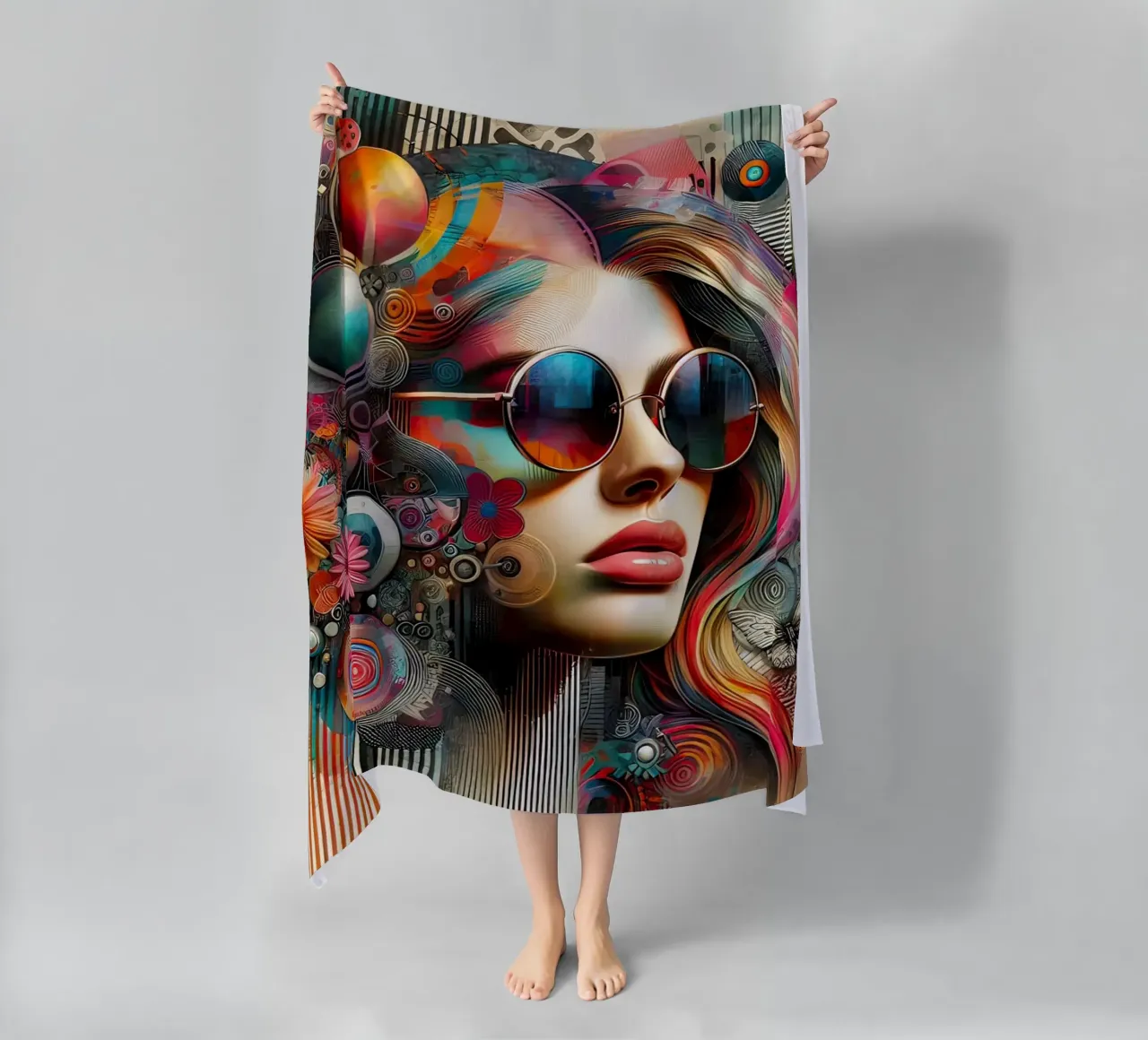 Ritratto colorato con elementi floreali astratti telo mare da ARTVI-SHOP