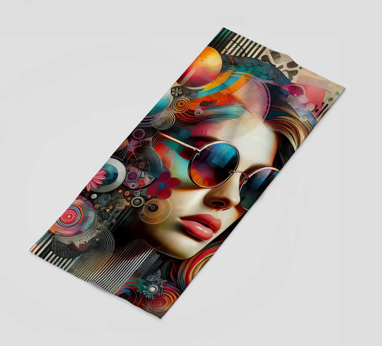 Ritratto colorato con elementi floreali astratti telo mare da ARTVI-SHOP