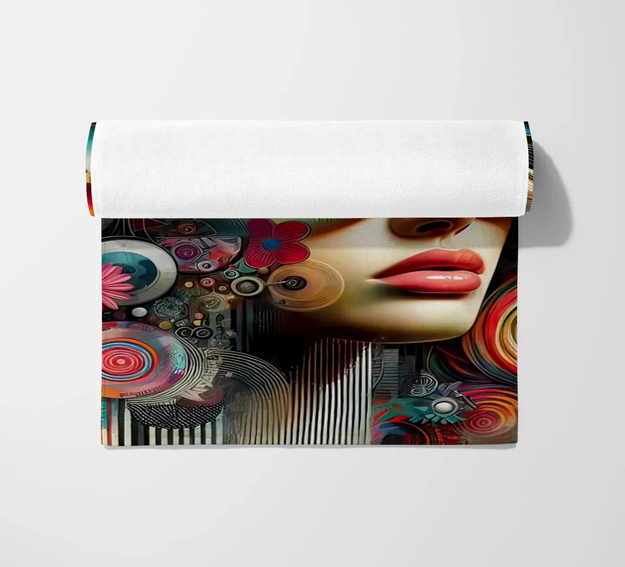 Ritratto colorato con elementi floreali astratti telo mare da ARTVI-SHOP