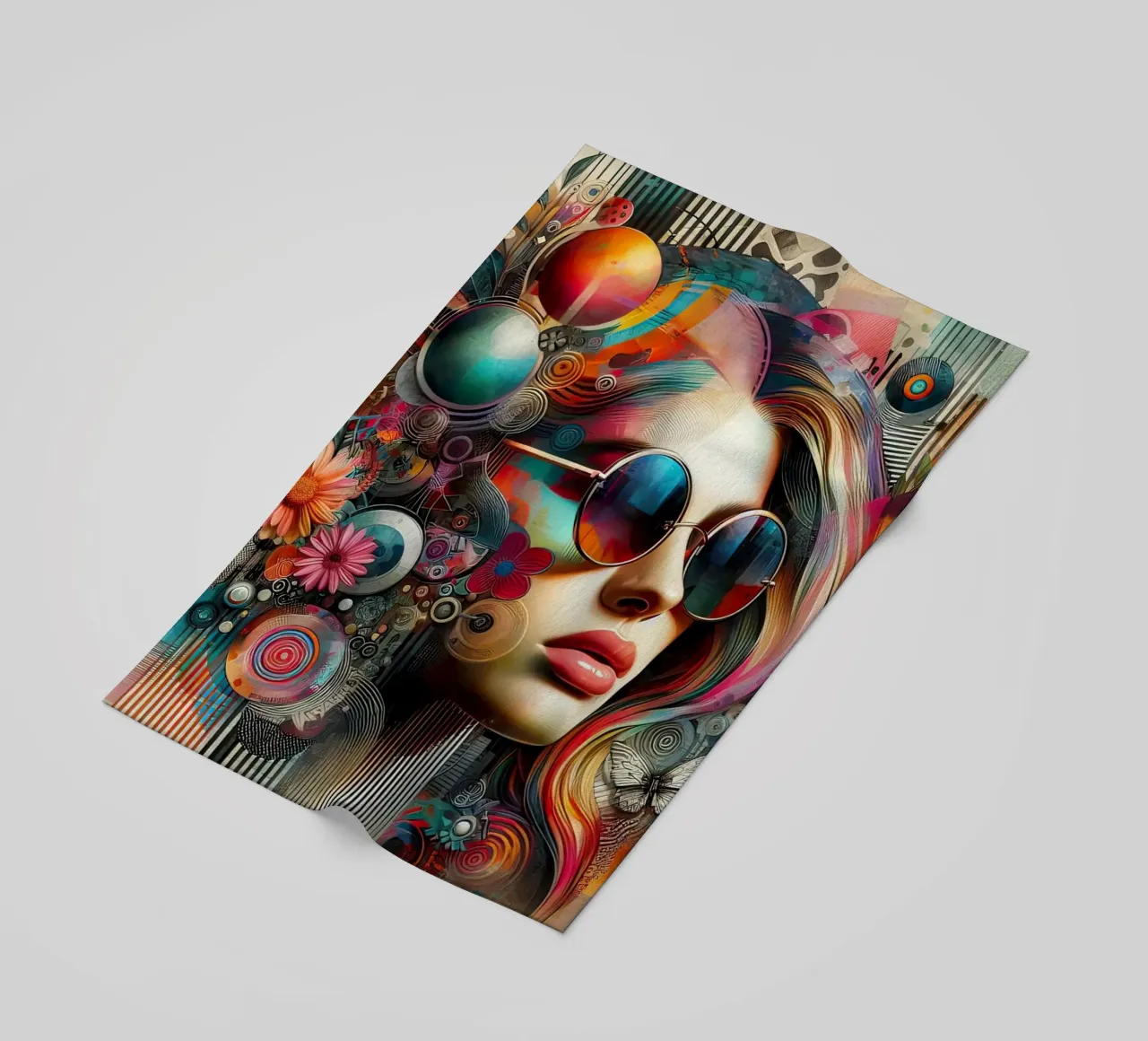 Ritratto colorato con elementi floreali astratti telo mare da ARTVI-SHOP