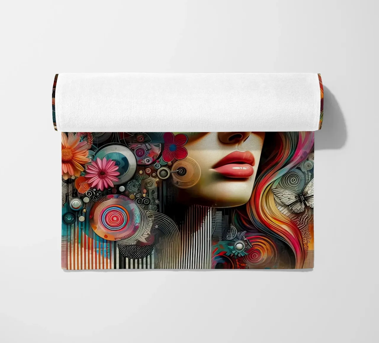 Colorful Portrait with Abstract Floral Elements beach towel by ARTVI-SHOP