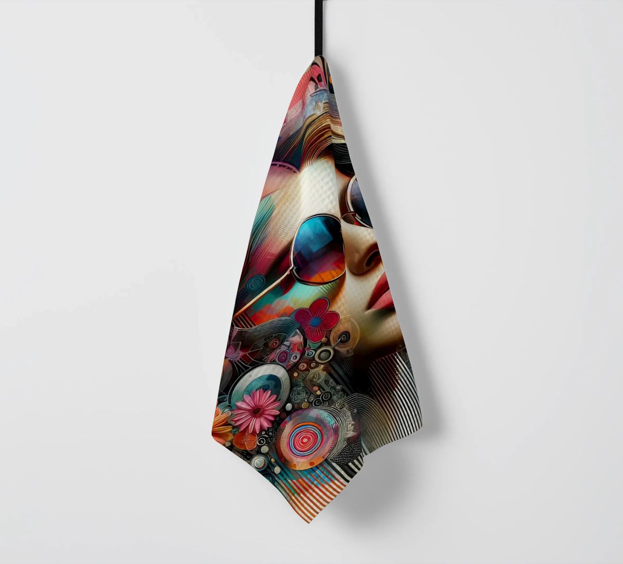 Colorful Portrait with Abstract Floral Elements tea towel by ARTVI-SHOP