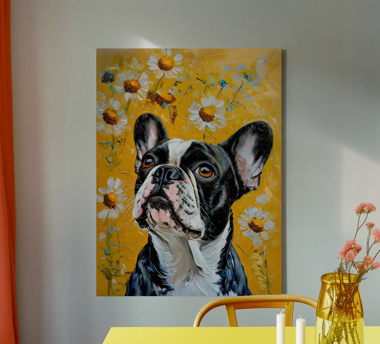 Franse Bulldog in Daisy Field Schilderij canvas met Baklijst van 🎨 Point and Art