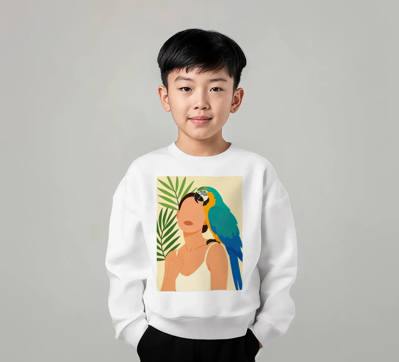 Woman with Macaw Parrot Illustration kids sweatshirt by 🎁 ARTVI-SHOP