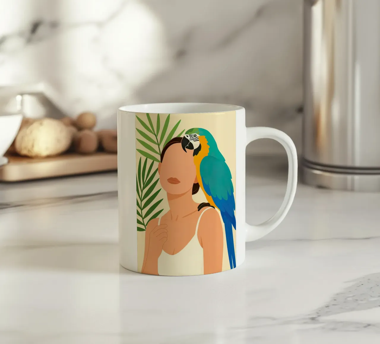 Donna con pappagallo ara illustrazione tazza in ceramica da 🎁 ARTVI-SHOP