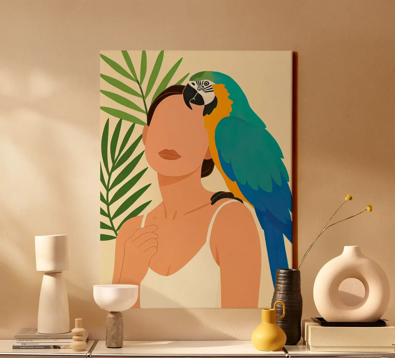 Woman with Macaw Parrot Illustration canvas by 🎁 ARTVI-SHOP