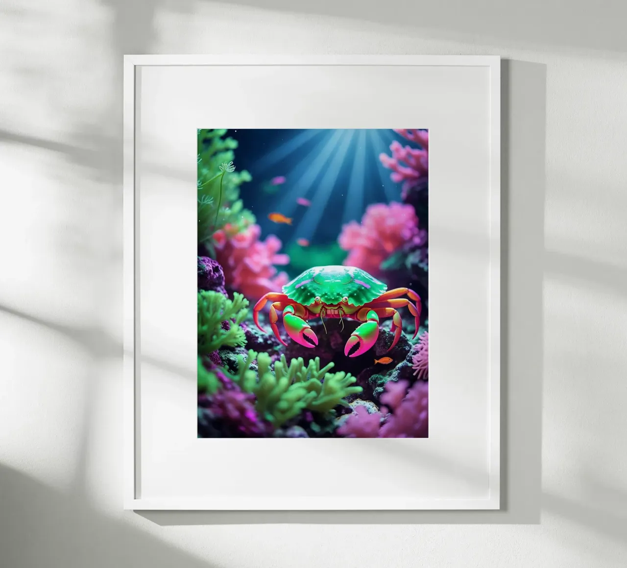 ✨🦀 Neon Skitter ✦ Carnival Crab Beneath the Moon 🌙 poster with wooden frame by LUMAQUA STUDIO