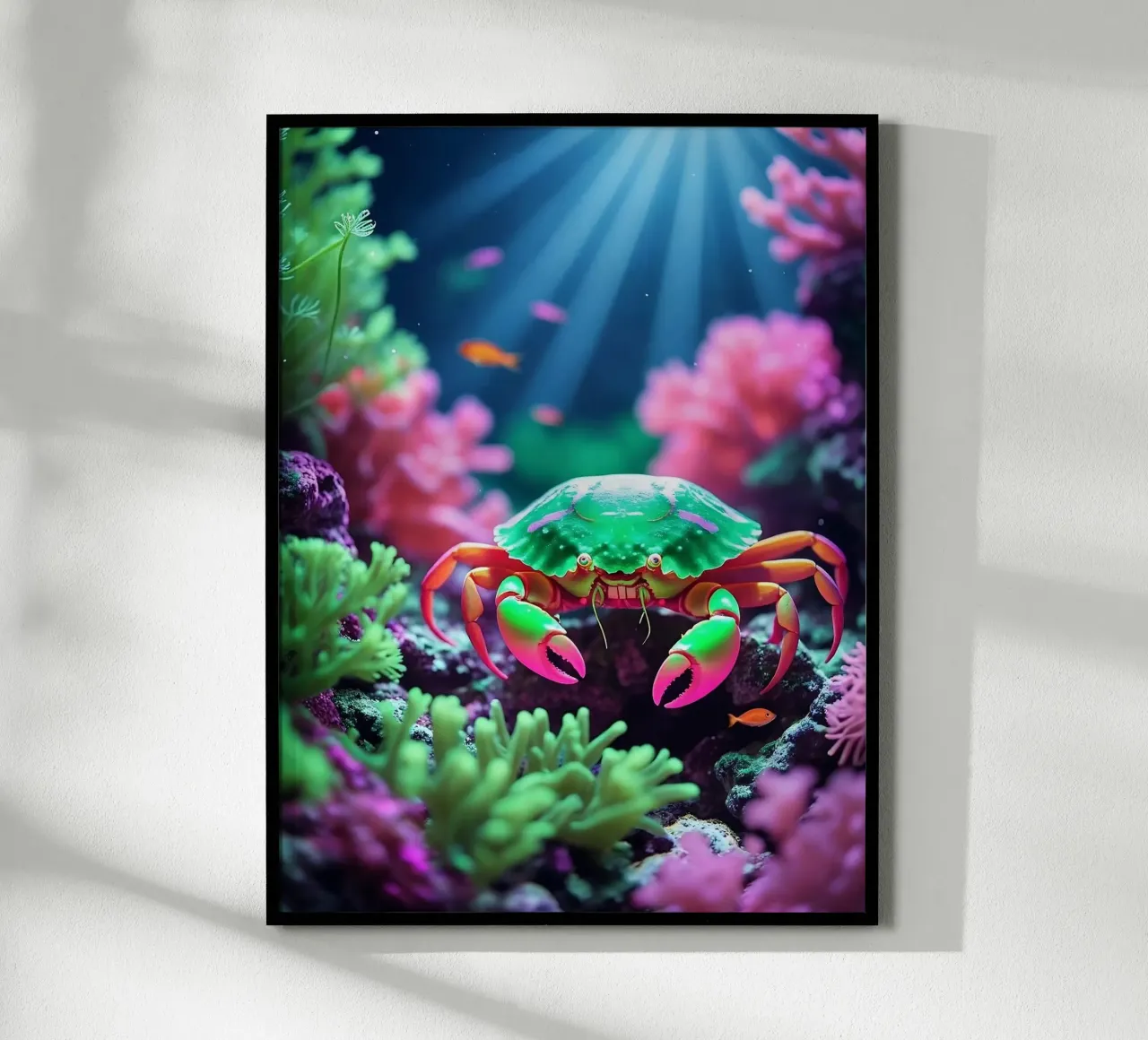 ✨🦀 Neon Skitter ✦ Carnival Crab Beneath the Moon 🌙 poster with wooden frame by LUMAQUA STUDIO