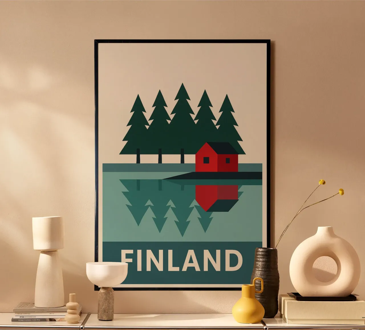 Finlandia - Serenità nordica e cabina in riva al lago poster con telaio in plastica da JETLAG | affiches voyage