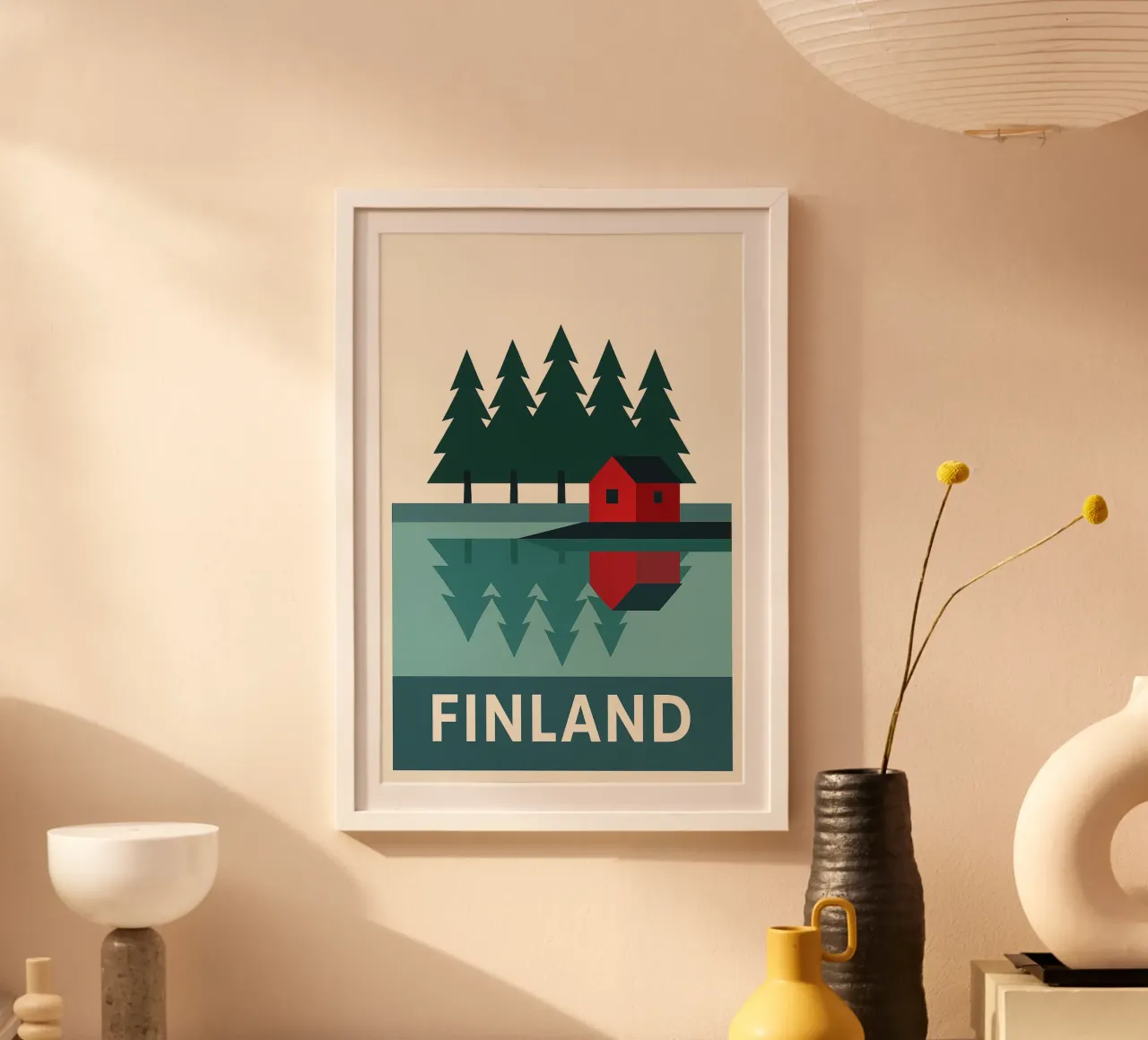 Finlandia - Serenità nordica e cabina in riva al lago poster con telaio in plastica da JETLAG | affiches voyage